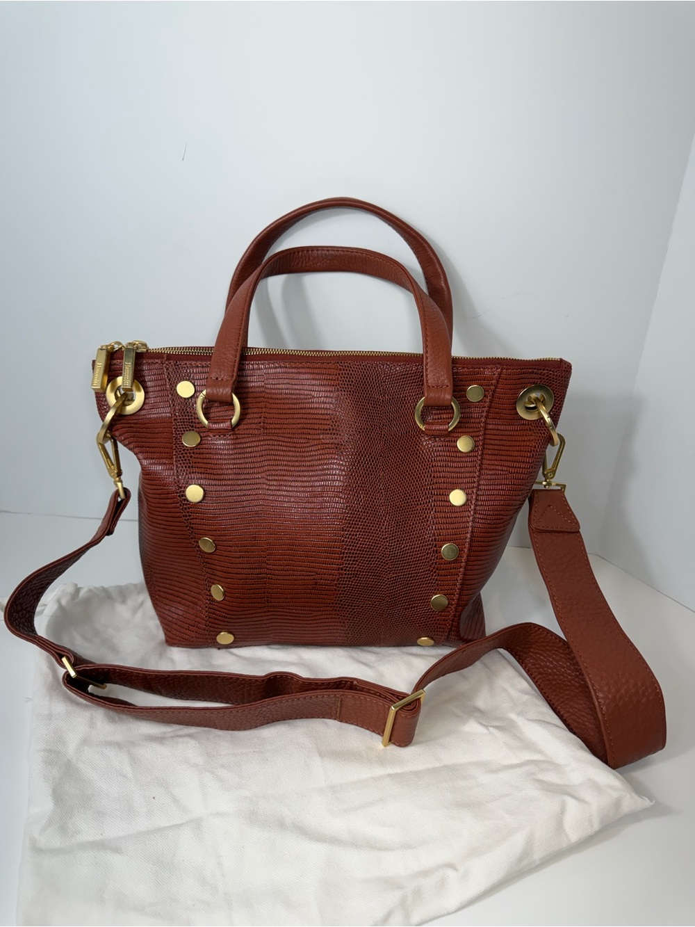 Hammitt Daniel Leather Satchel Crossbody Bag Cognac Lizard Gold - Picture 4 of 11